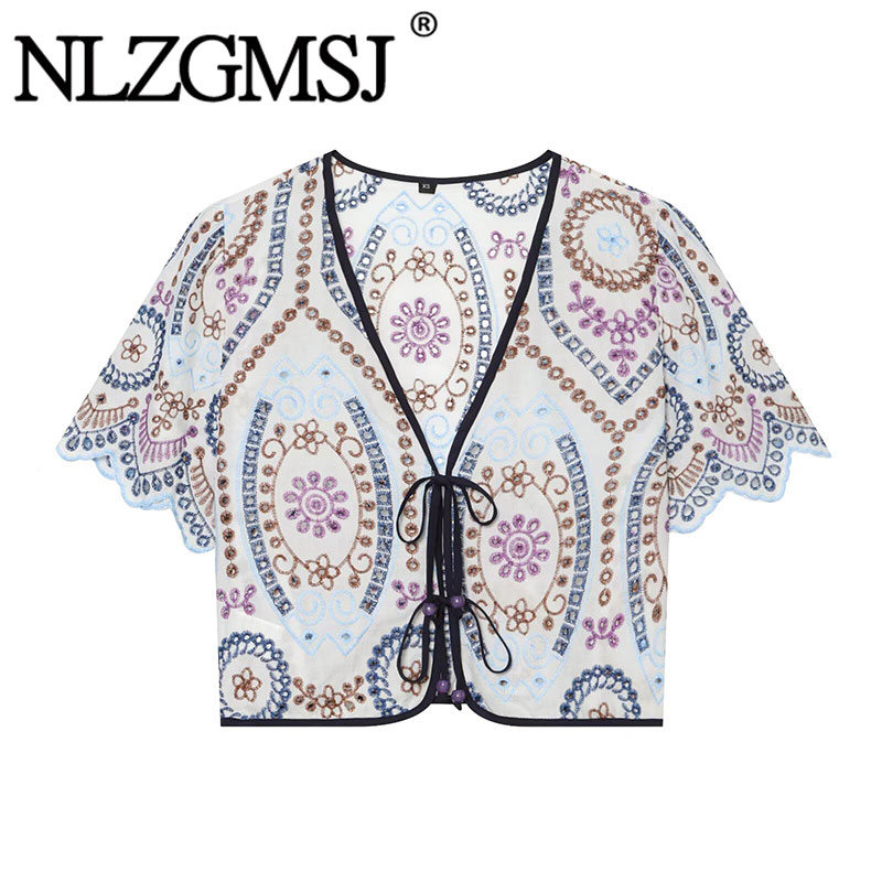 Tie Front Shirt - Nlzgmsj 2026 بلوزة نسائية صيفية مطرزة