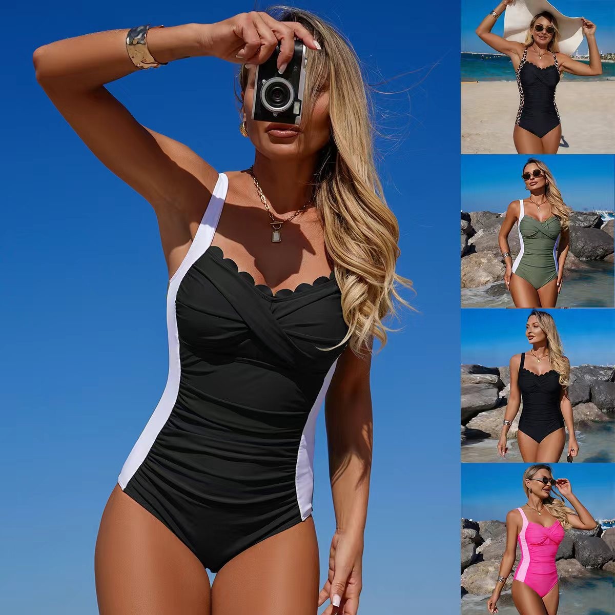 Swimsuit One Piece - بدلة سباحة سوداء بفتحة رقبة مزخرفة