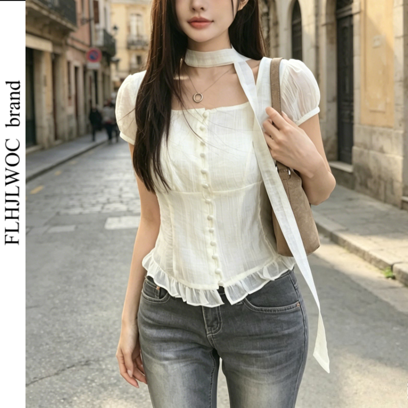 Tie Front Shirt - بلوزات قصيرة برباط وفيونكة، قمصان صيفية
