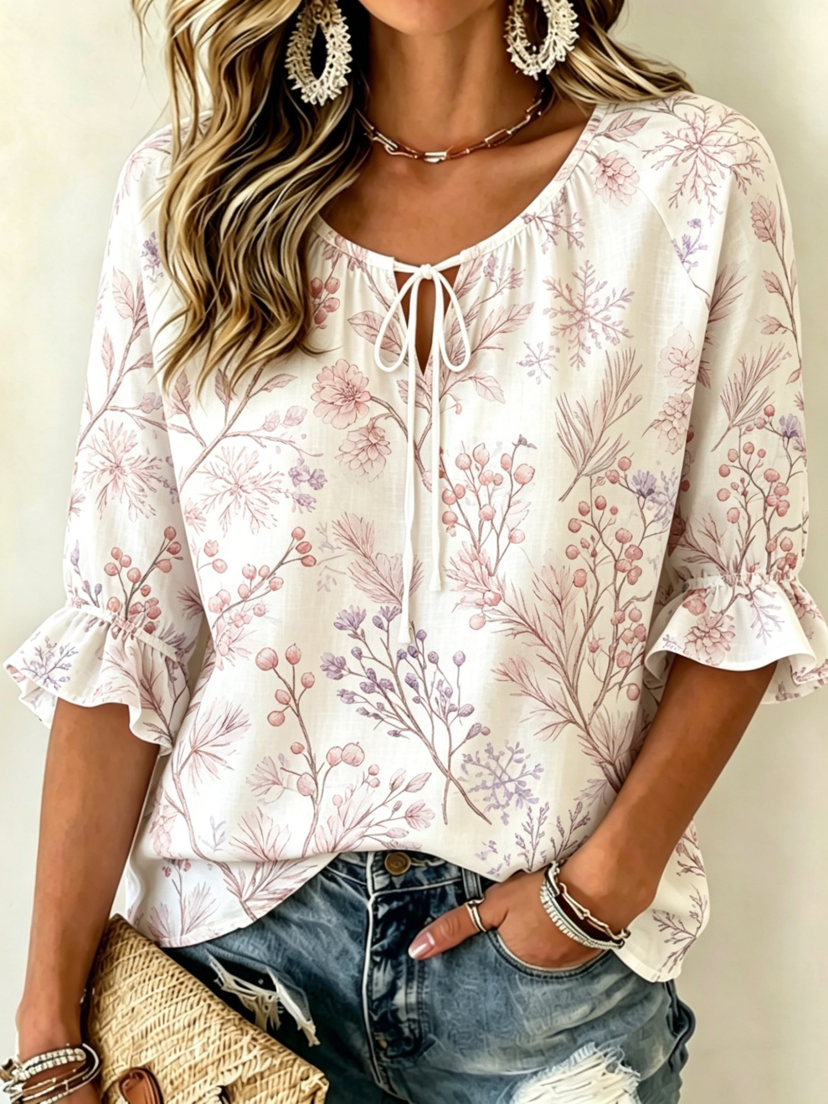 Tie Front Shirt - بلوزة نسائية ناعمة وردية اللون بطبعة