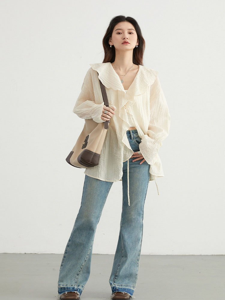 Tie Front Shirt - بلوزة نسائية بياقة مكشكشة وربطة أمامية،