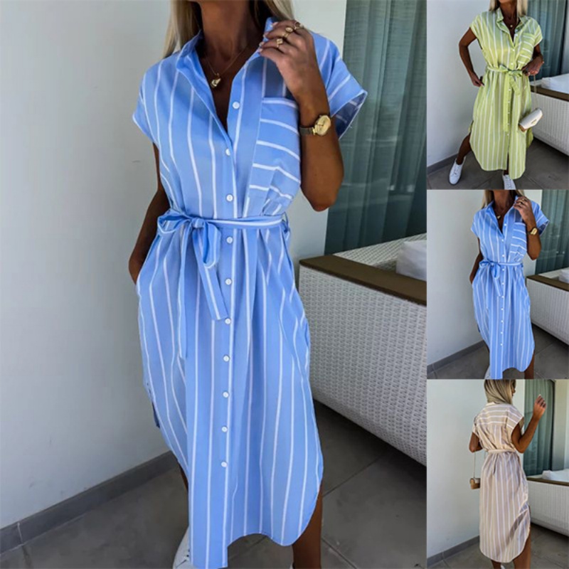 Summer Clothing Looks - فستان قميص مخطط بأكمام قصيرة للنساء