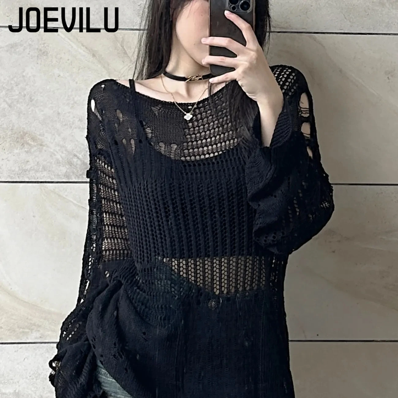 Summer Goth Clothing - JOEVILU بلوزة متماسكة مجوفة صيفية فضفاضة