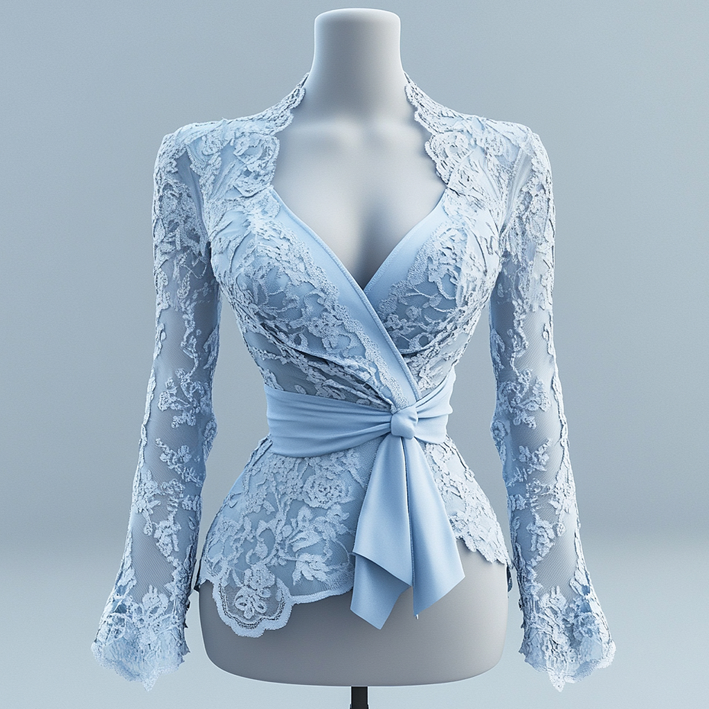 Tie Front Shirt - مثير الدانتيل التفاف الخامس الرقبة طويلة