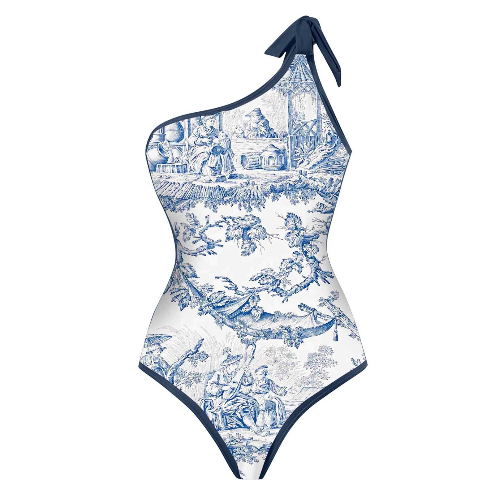 Swimsuit One Piece - بيكيني نسائي تانكيني أزرق وأبيض بطبعة