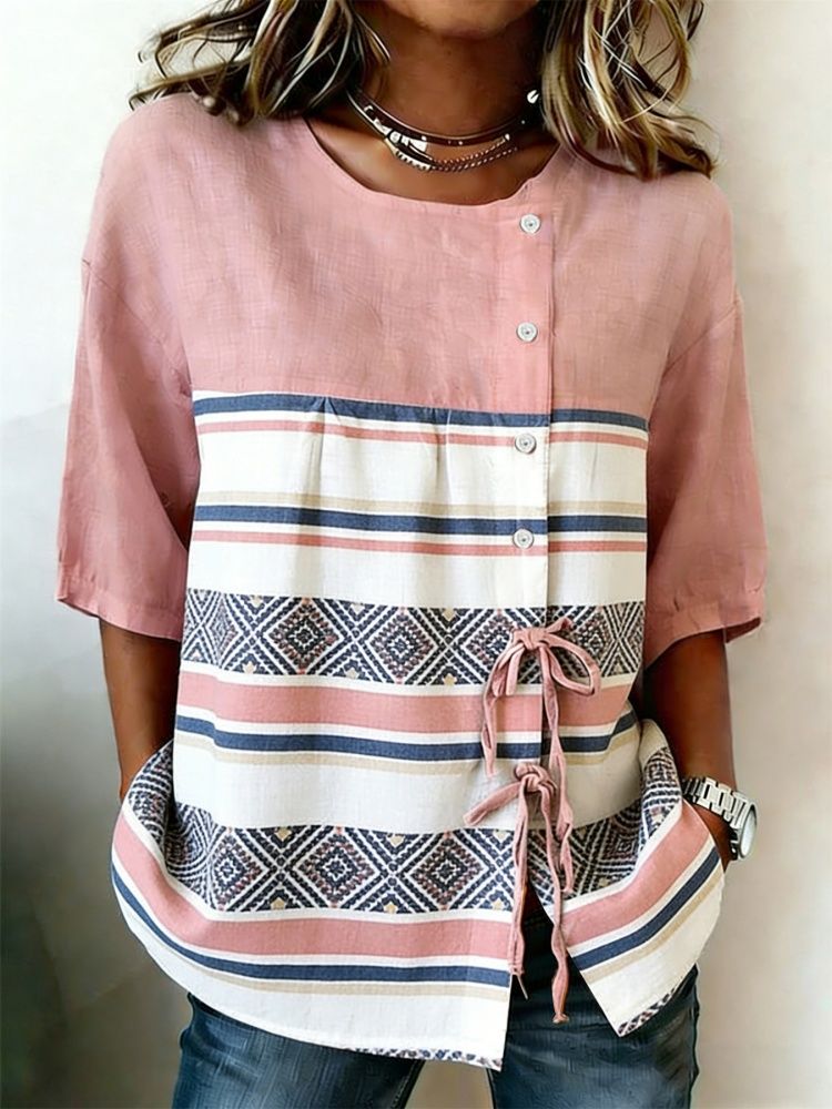 Tie Front Shirt - بلوزة نسائية كاجوال بطباعة مخططة هندسية،