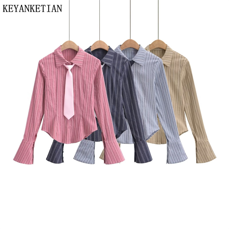 Tie Front Shirt - Keyanketian-قميص نسائي مخطط ربطة العنق الديكور