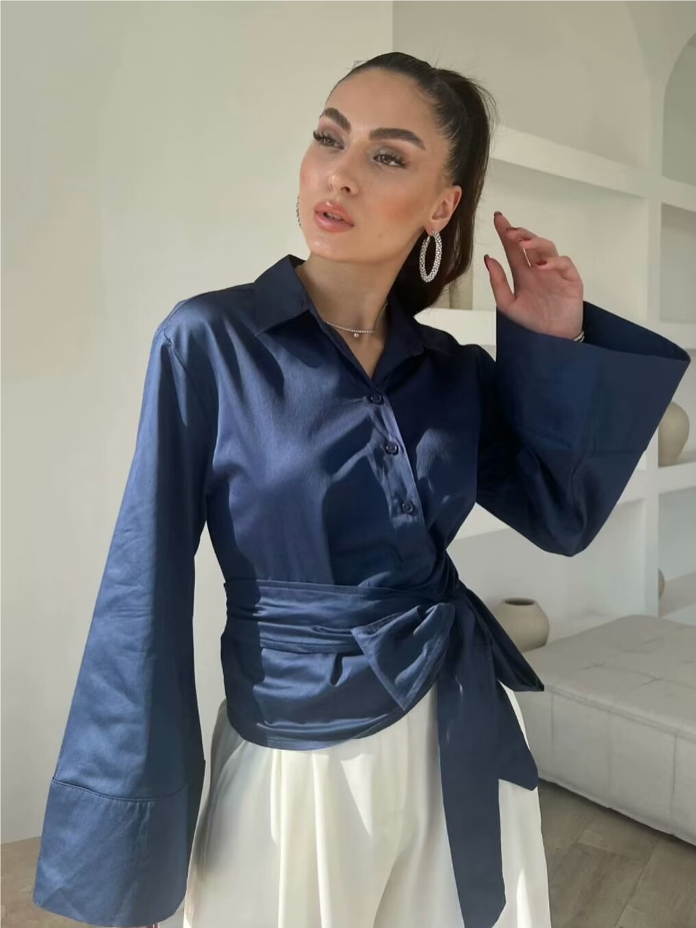 بلوزات كيمونو نسائية بأكمام طو - مراجعة Tie Front Shirt وسعره