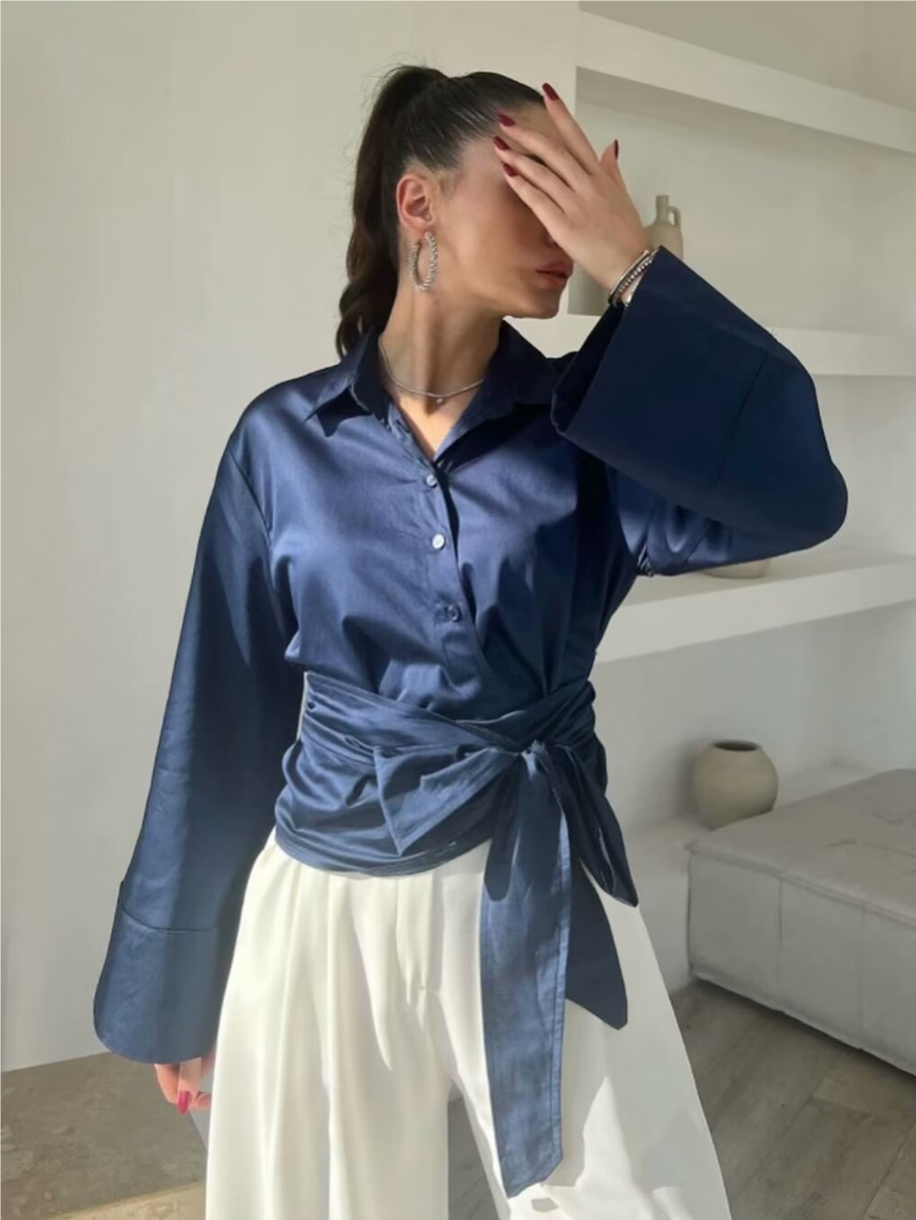بلوزات كيمونو نسائية بأكمام طو - مراجعة Tie Front Shirt وسعره