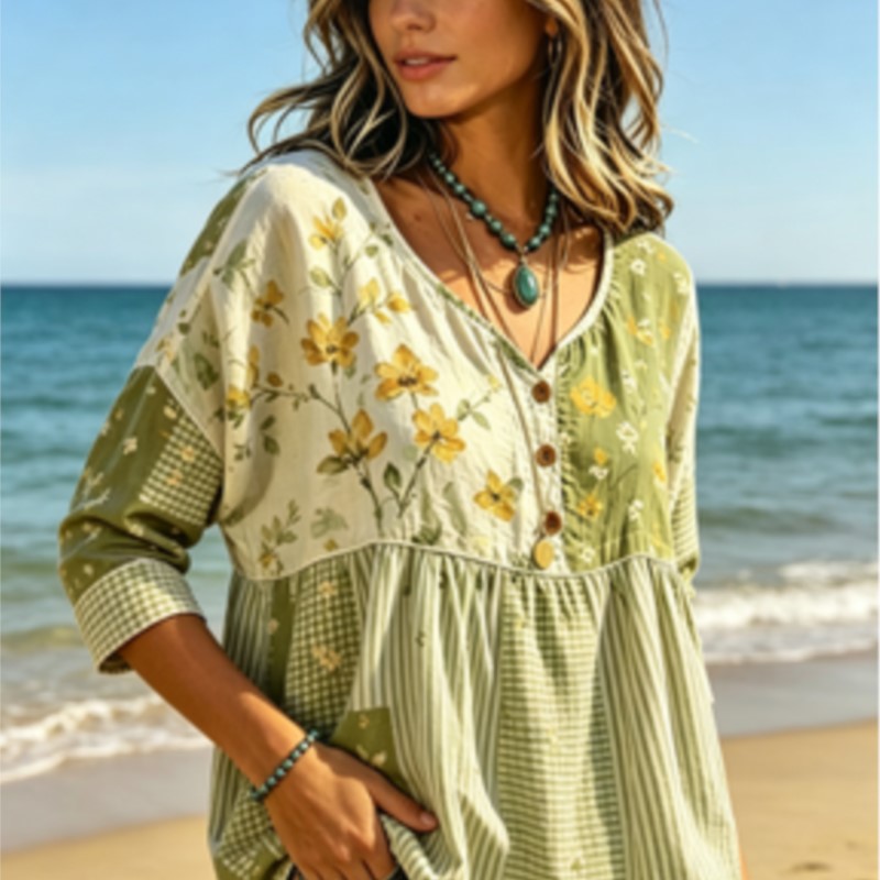 بلوزة نسائية خضراء وصفراء بنقش - مراجعة Yellow Summer Clothing وسعره