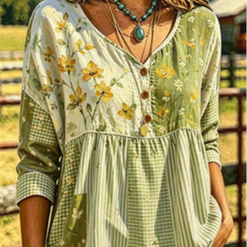 بلوزة نسائية خضراء وصفراء بنقش - مراجعة Yellow Summer Clothing وسعره