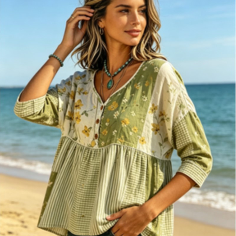 بلوزة نسائية خضراء وصفراء بنقش - مراجعة Yellow Summer Clothing وسعره