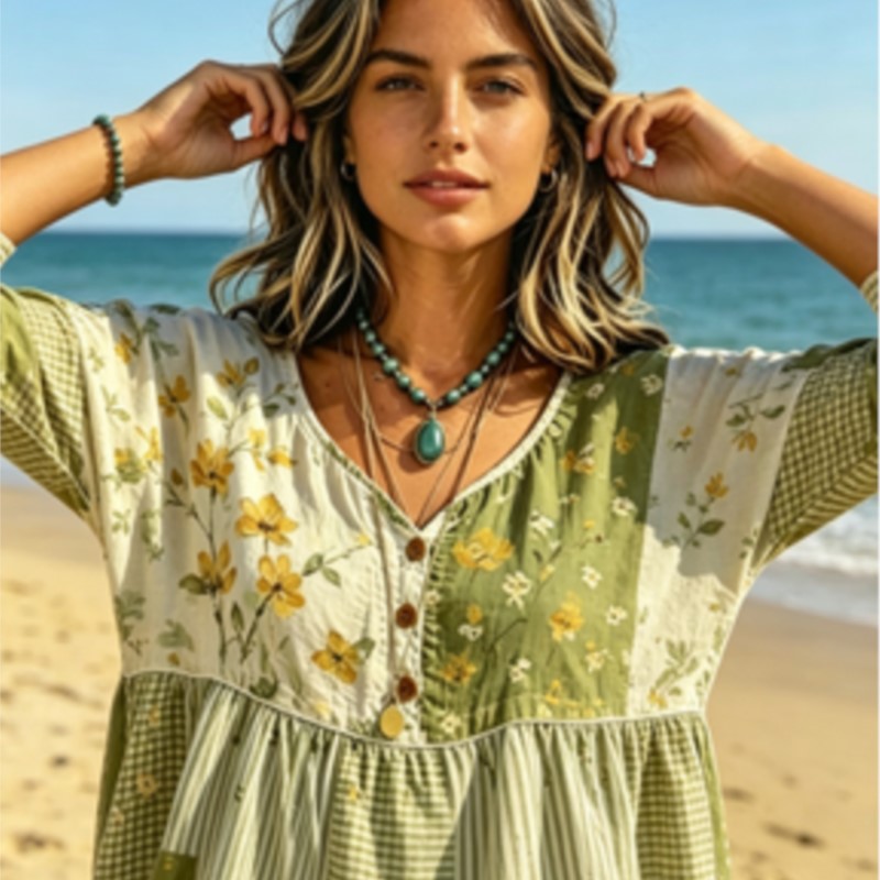 بلوزة نسائية خضراء وصفراء بنقش - مراجعة Yellow Summer Clothing وسعره