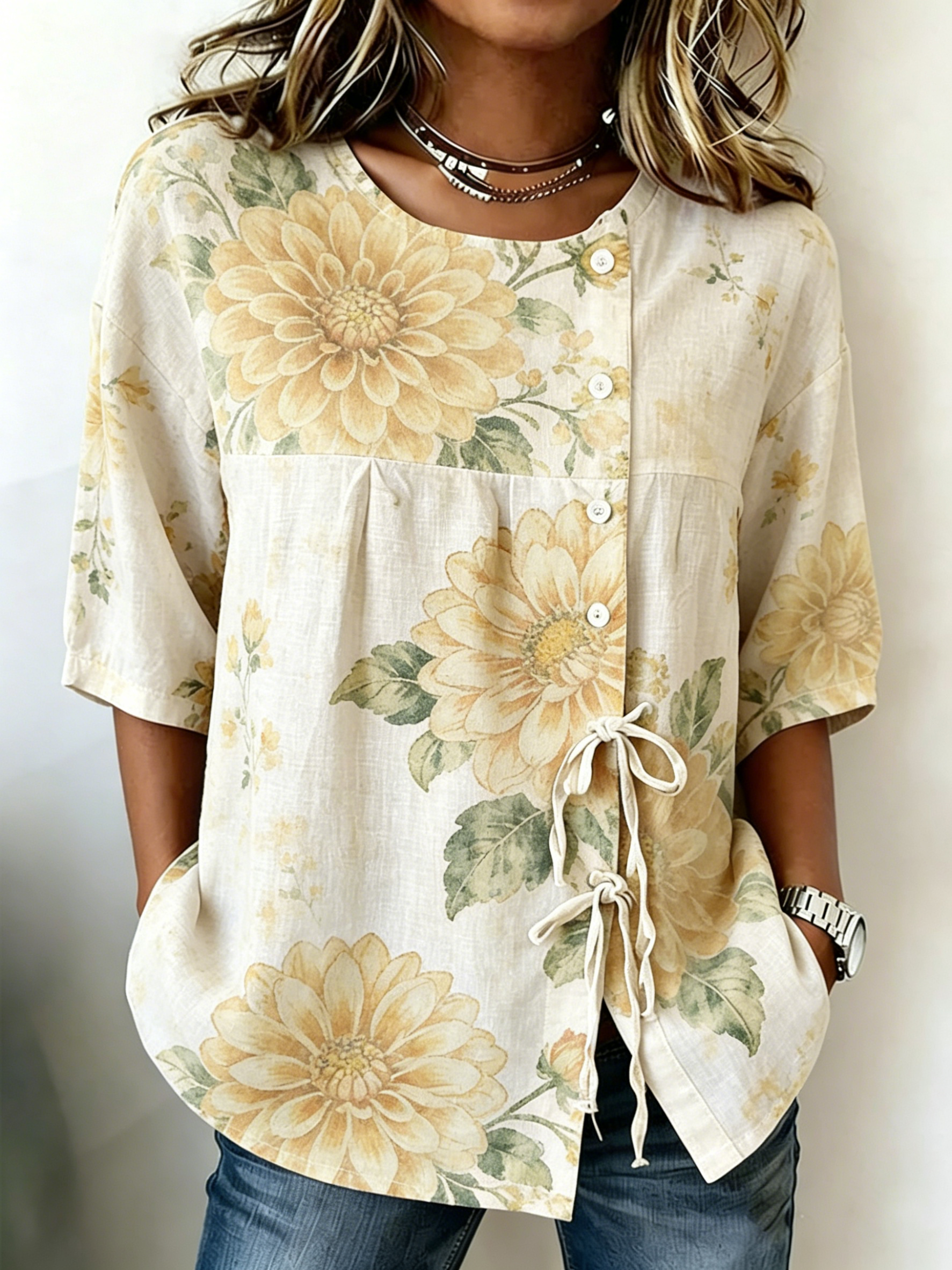 بلوزة نسائية كاجوال بطبعة زهرة - مراجعة Tie Front Shirt وسعره