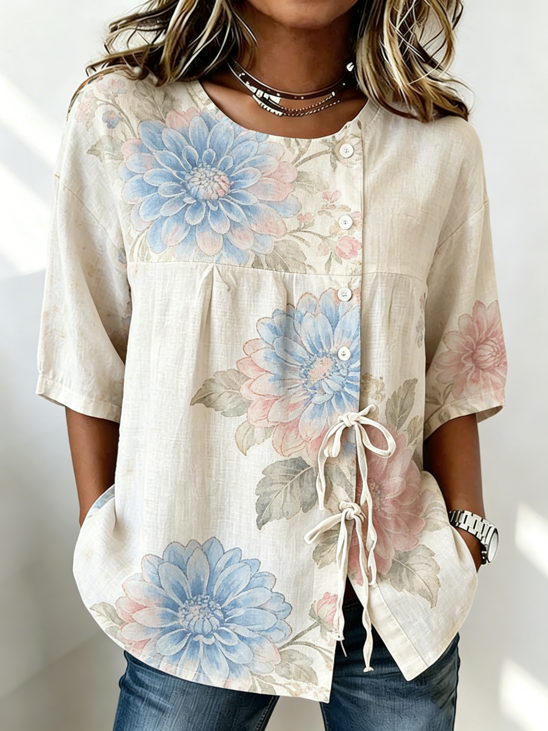 بلوزة نسائية كاجوال بطبعة زهرة - مراجعة Tie Front Shirt وسعره