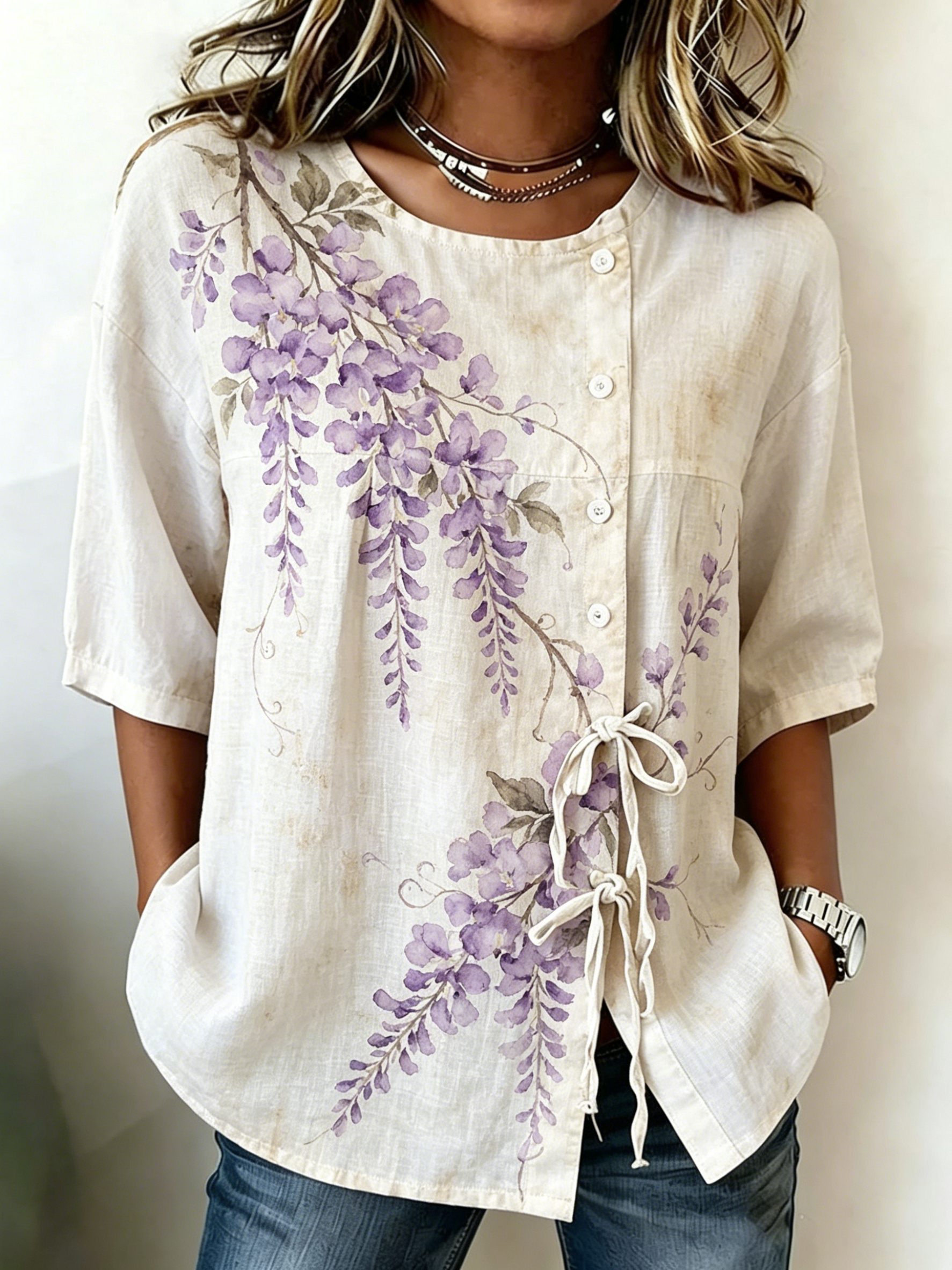 بلوزة نسائية كاجوال بطبعة زهرة - مراجعة Tie Front Shirt وسعره