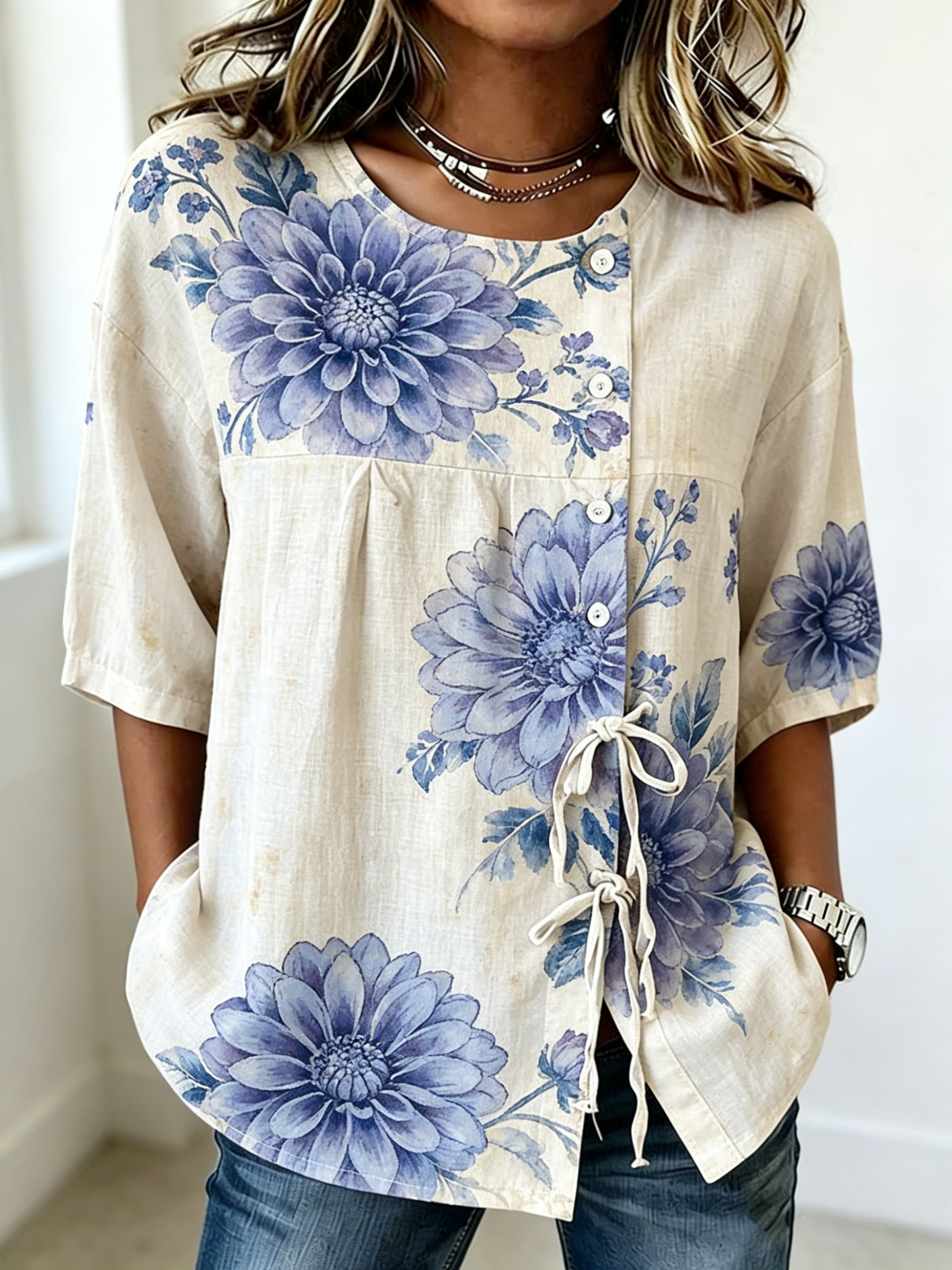 بلوزة نسائية كاجوال بطبعة زهرة - مراجعة Tie Front Shirt وسعره