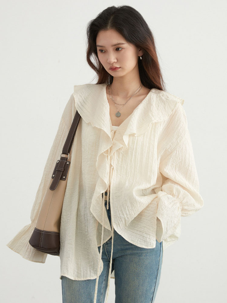 بلوزة نسائية بياقة مكشكشة وربط - مراجعة Tie Front Shirt وسعره