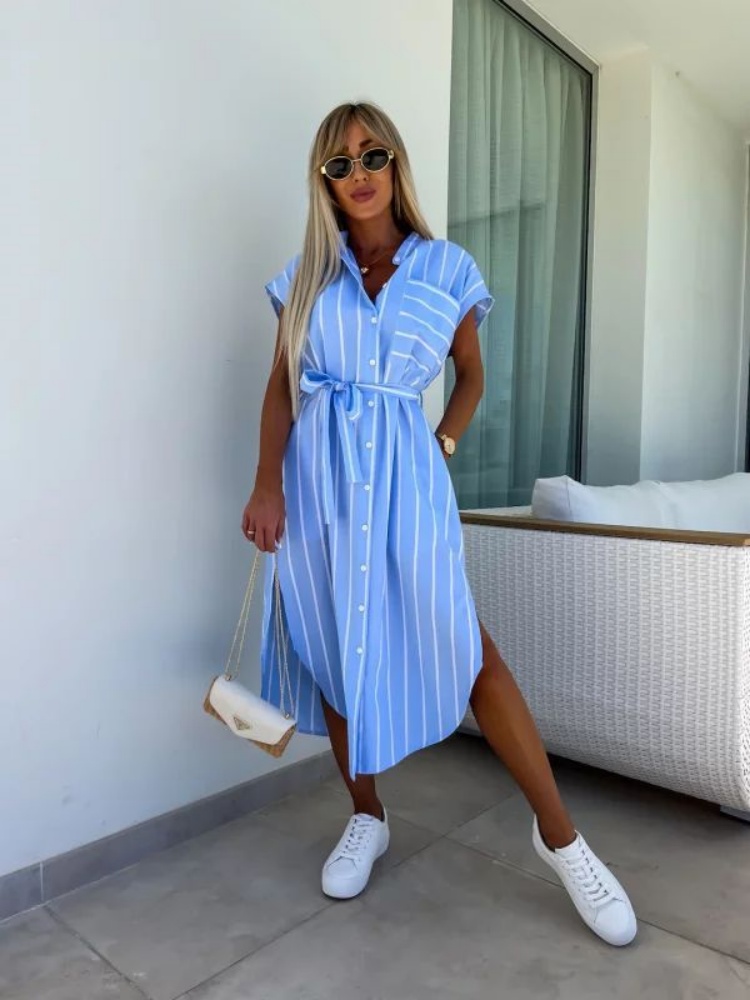 فستان قميص مخطط بأكمام قصيرة ل - مراجعة Summer Clothing Looks وسعره