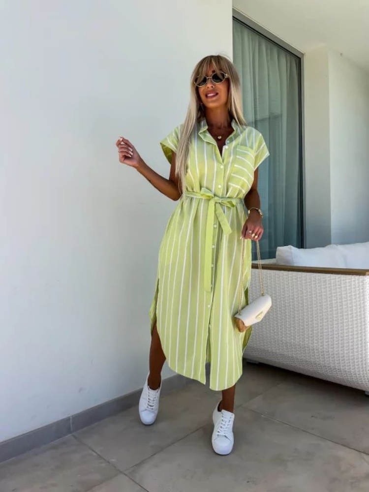 فستان قميص مخطط بأكمام قصيرة ل - مراجعة Summer Clothing Looks وسعره