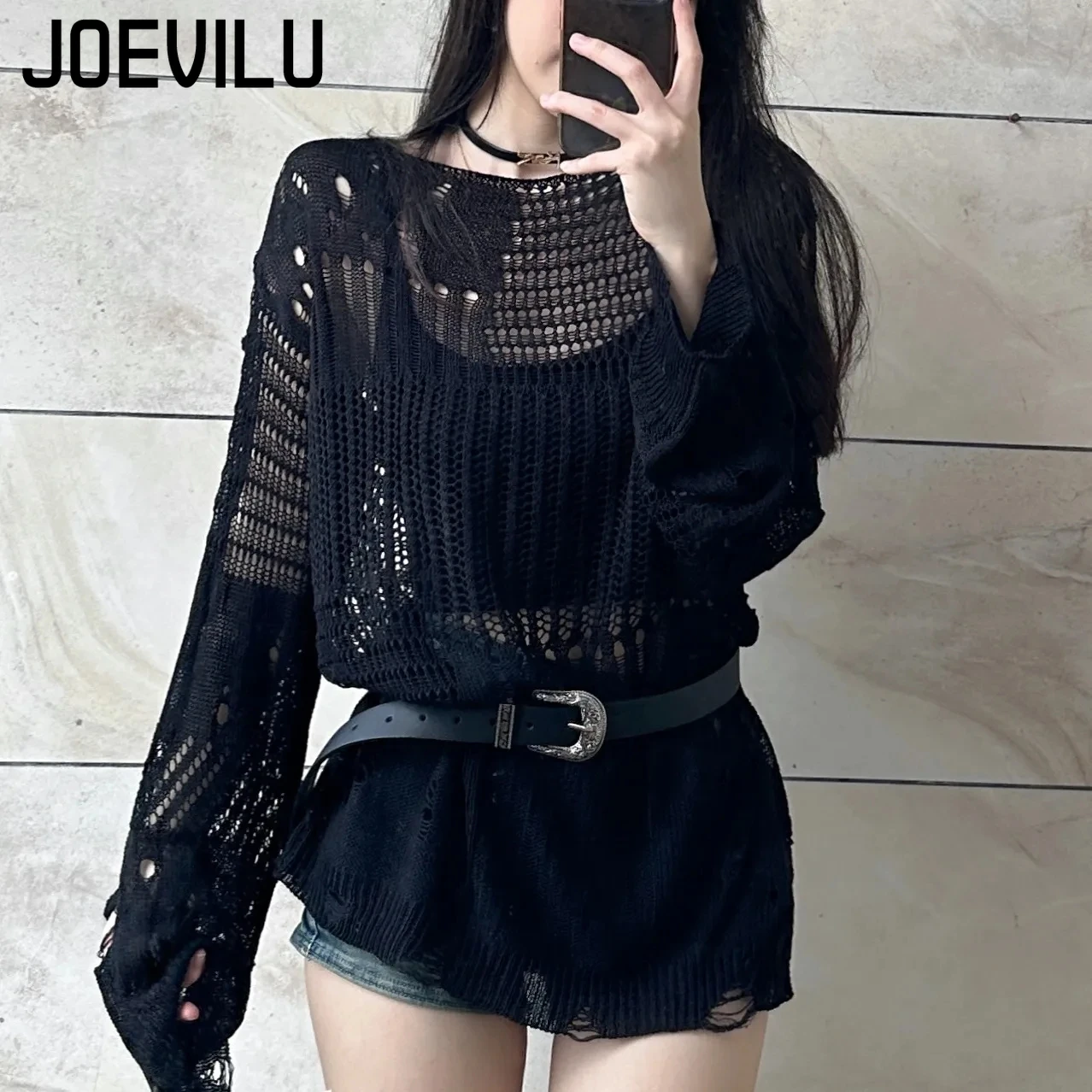 JOEVILU بلوزة متماسكة مجوفة صي - مراجعة Summer Goth Clothing وسعره