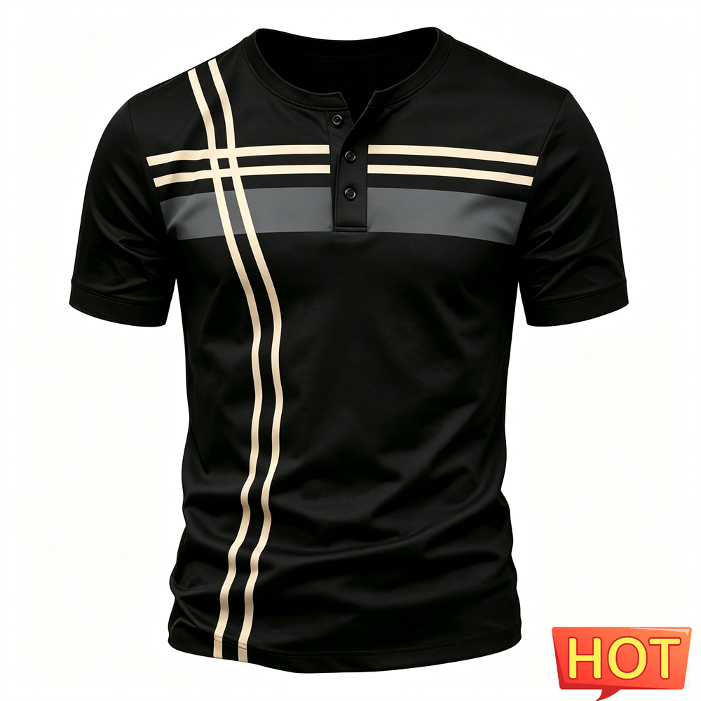 قمصان هنري للرجال بطباعة خطوط  - مراجعة Summer Clothing Men Fashion وسعره