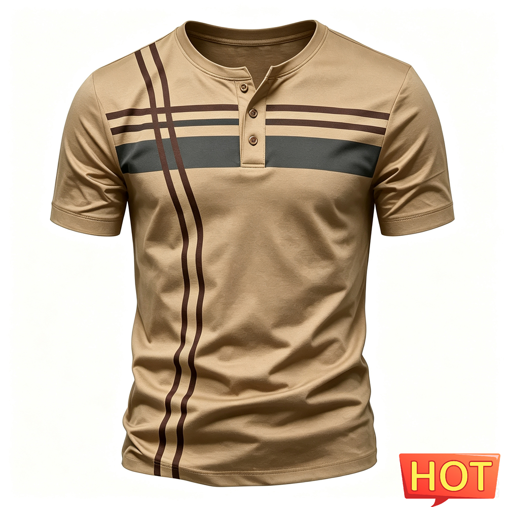قمصان هنري للرجال بطباعة خطوط  - مراجعة Summer Clothing Men Fashion وسعره