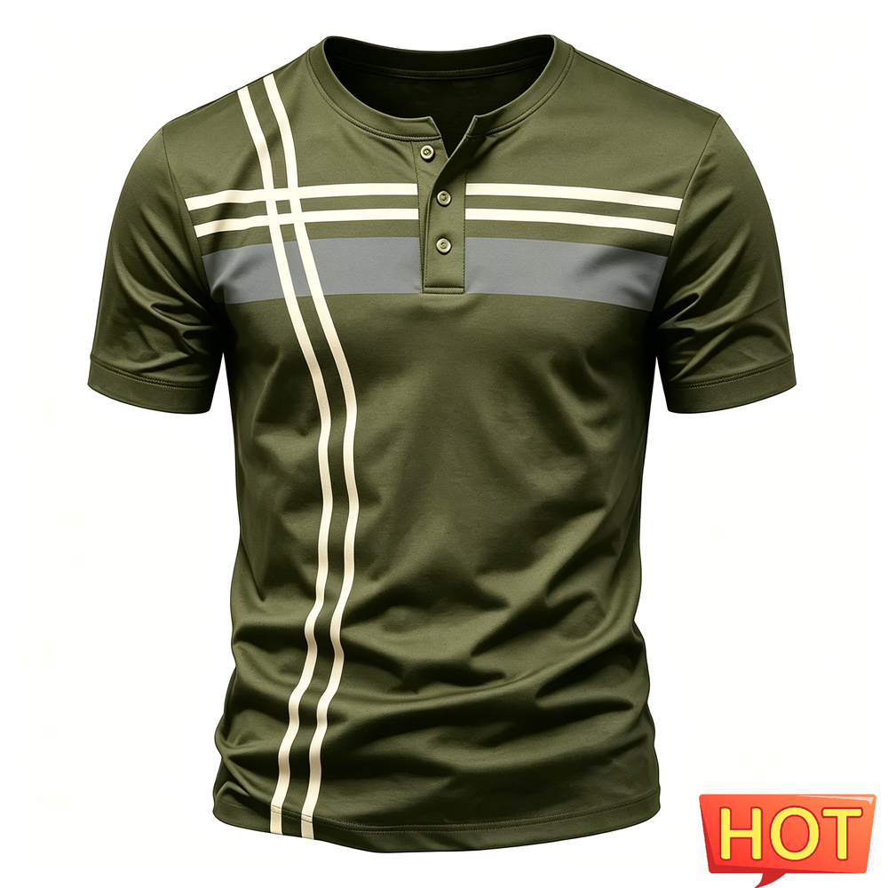 قمصان هنري للرجال بطباعة خطوط  - مراجعة Summer Clothing Men Fashion وسعره