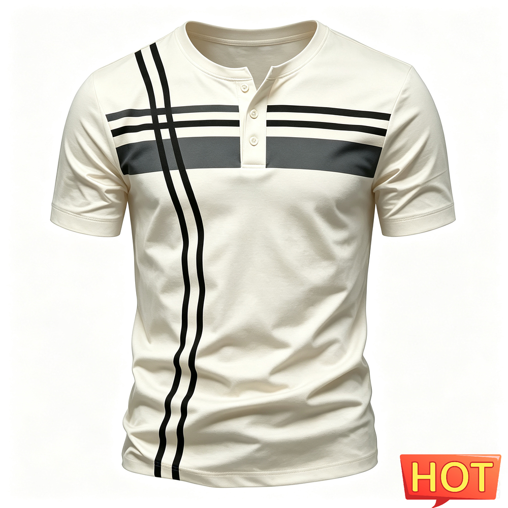 قمصان هنري للرجال بطباعة خطوط  - مراجعة Summer Clothing Men Fashion وسعره