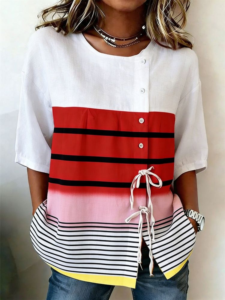 بلوزة نسائية كاجوال بطباعة مخط - مراجعة Tie Front Shirt وسعره