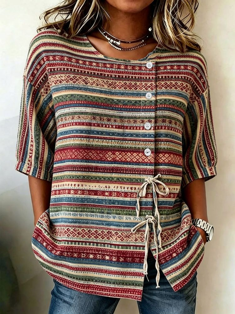 بلوزة نسائية كاجوال بطباعة مخط - مراجعة Tie Front Shirt وسعره