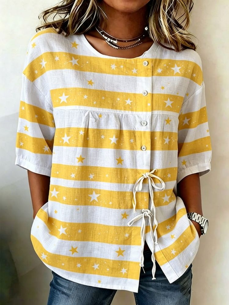 بلوزة نسائية كاجوال بطباعة مخط - مراجعة Tie Front Shirt وسعره